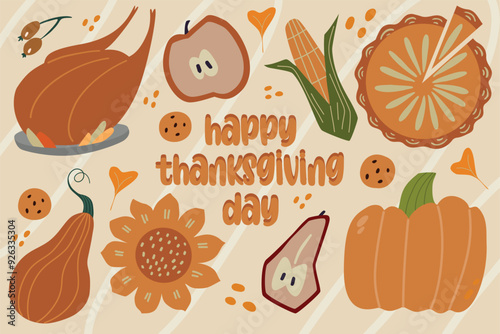  Thanksgiving day banner. Greeting card autumn food for  Thanksgiving day.  Festive dinner. photo