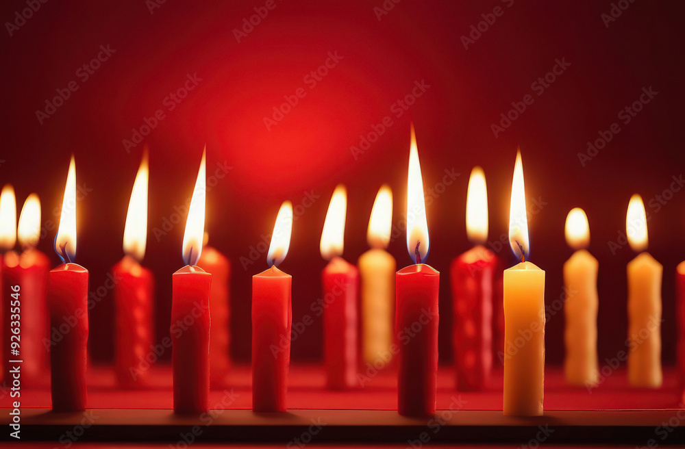 Template with a lot of Indian candles for Diwali holiday, continuous pattern on red background. Selective focus on candles on reflecting surface. Template with a lot of Indian candles for Diwali holiday, continuous pattern on red background. Selective focus on candles on reflecting surface.