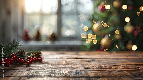 Table surface in front of a blurred window sill with a Christmas tree in the background