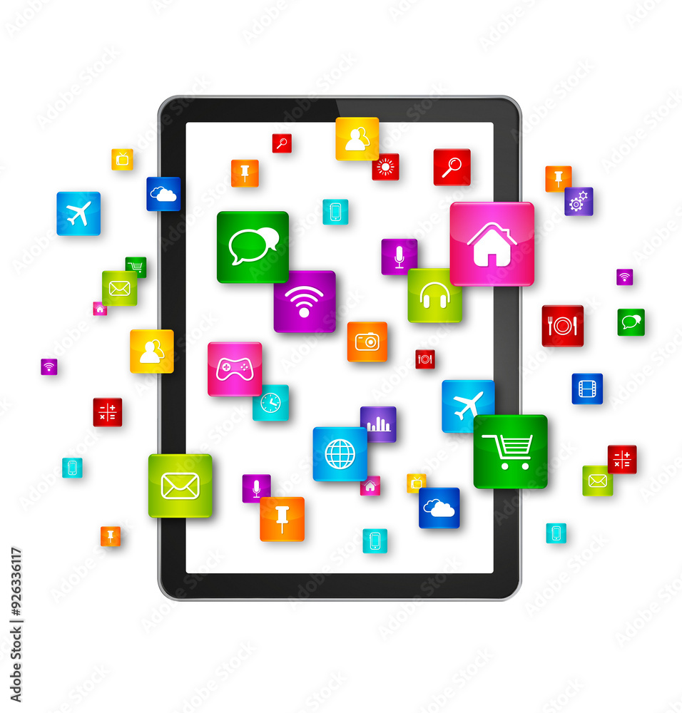 Fototapeta premium Digital Tablet PC and flying apps icons