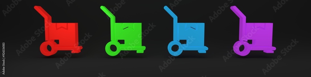 Colorful Hand truck and boxes icon isolated on black background. Dolly symbol. Minimalism concept. 3D render illustration Colorful Hand truck and boxes icon isolated on black background. Dolly symbol. Minimalism concept. 3D render illustration