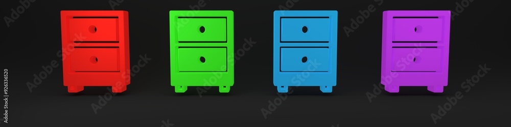Colorful Drawer with documents icon isolated on black background. Archive papers drawer. File Cabinet Drawer. Office furniture. Minimalism concept. 3D render illustration Colorful Drawer with documents icon isolated on black background. Archive papers drawer. File Cabinet Drawer. Office furniture. Minimalism concept. 3D render illustration
