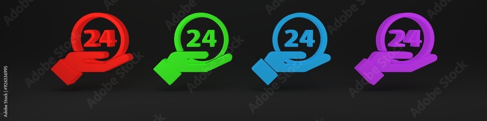 Colorful Clock 24 hours icon isolated on black background. All day cyclic icon. 24 hours service symbol. Minimalism concept. 3D render illustration Colorful Clock 24 hours icon isolated on black background. All day cyclic icon. 24 hours service symbol. Minimalism concept. 3D render illustration