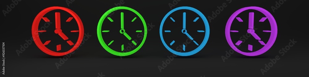 Colorful Clock icon isolated on black background. Time symbol. Minimalism concept. 3D render illustration Colorful Clock icon isolated on black background. Time symbol. Minimalism concept. 3D render illustration