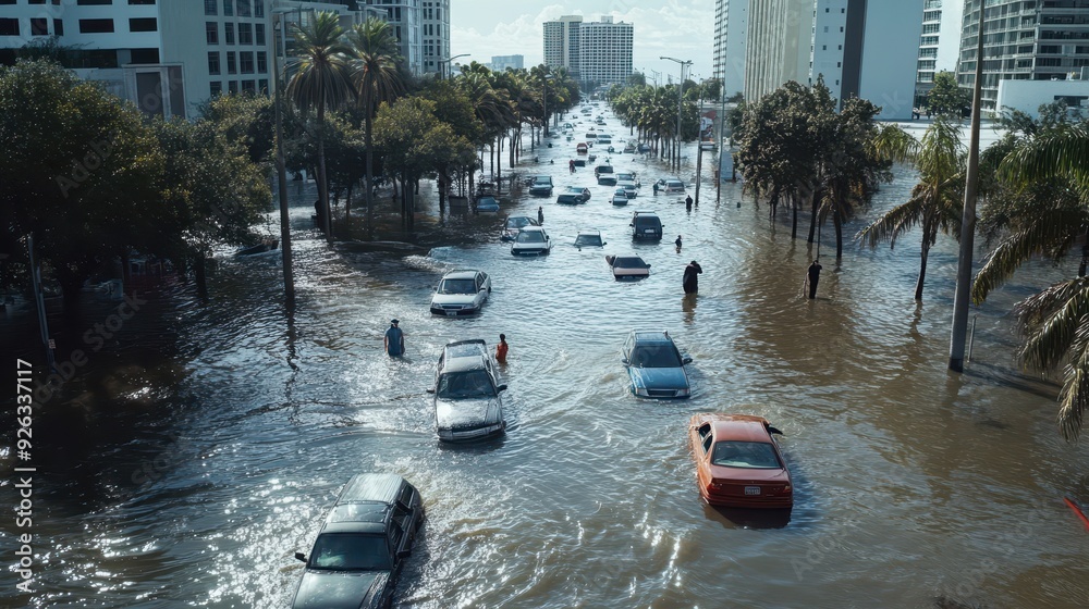 Cars sit abandoned in deep water as residents navigate a flooded street Cars sit abandoned in deep water as residents navigate a flooded street