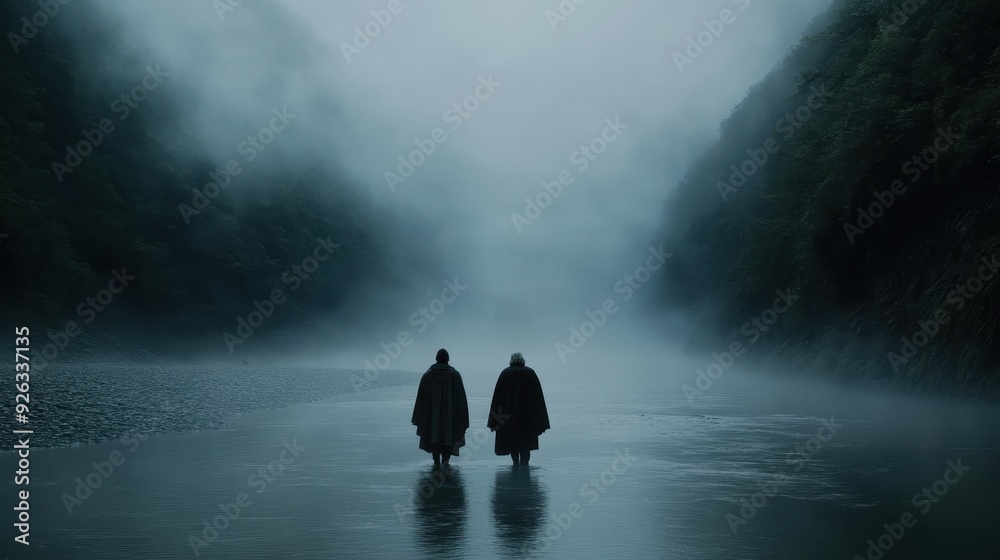 Two figures walk through a foggy river valley flanked by hills, enveloped in an ethereal atmosphere that invokes feelings of mystery, exploration, and unity in nature's embrace.