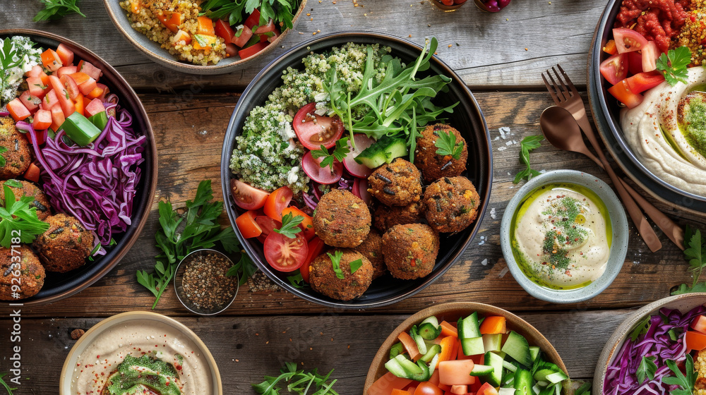 Overhead Shot: Vegan Falafel Bowls with Quinoa Tabbouleh, Hummus, Tahini, Roasted Vegetables, and Za'atar Overhead Shot: Vegan Falafel Bowls with Quinoa Tabbouleh, Hummus, Tahini, Roasted Vegetables, and Za'atar