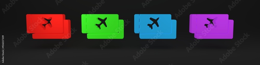 Colorful Airline ticket icon isolated on black background. Plane ticket. Minimalism concept. 3D render illustration Colorful Airline ticket icon isolated on black background. Plane ticket. Minimalism concept. 3D render illustration