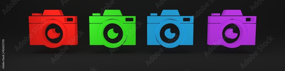 Colorful Photo camera icon isolated on black background. Foto camera icon. Minimalism concept. 3D render illustration Colorful Photo camera icon isolated on black background. Foto camera icon. Minimalism concept. 3D render illustration