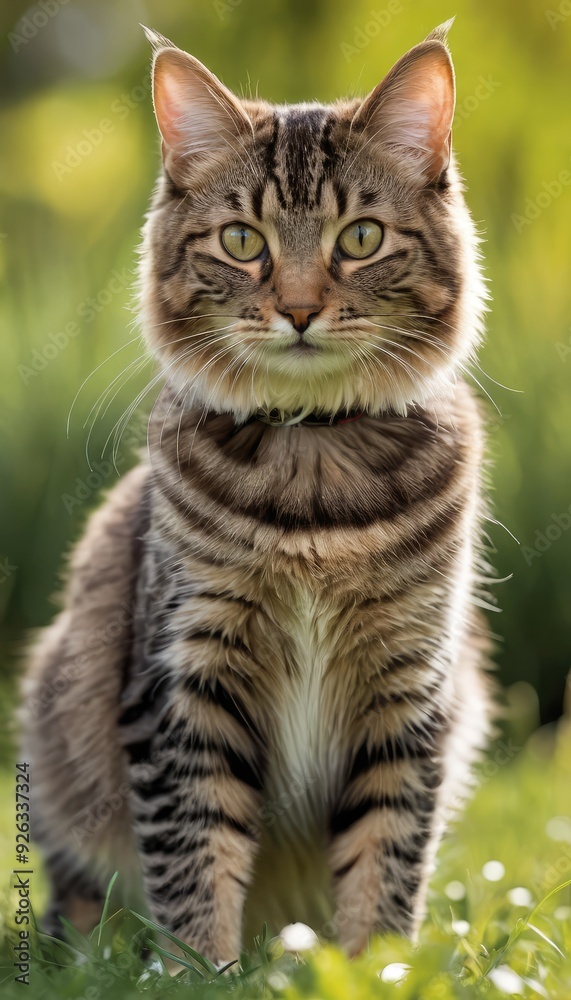 A regal tabby American Bobtail cat poses elegantly in a garden, its fur blending with the greenery around it, showcasing the beauty of nature and feline grace A regal tabby American Bobtail cat poses elegantly in a garden, its fur blending with the greenery around it, showcasing the beauty of nature and feline grace