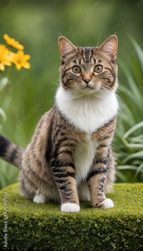 A regal tabby American Bobtail cat poses elegantly in a garden, its fur blending with the greenery around it, showcasing the beauty of nature and feline grace A regal tabby American Bobtail cat poses elegantly in a garden, its fur blending with the greenery around it, showcasing the beauty of nature and feline grace