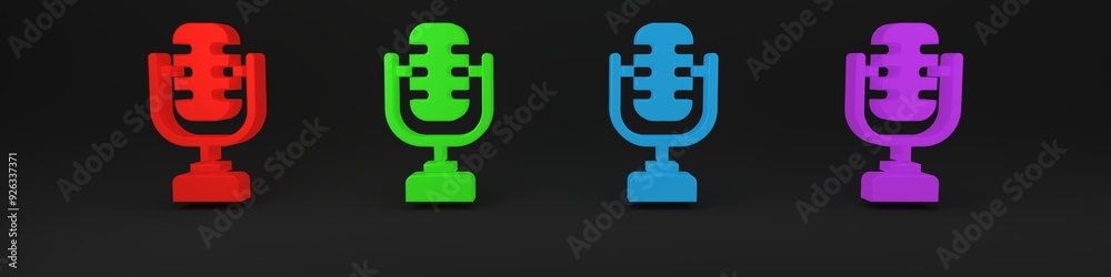Colorful Microphone icon isolated on black background. On air radio mic microphone. Speaker sign. Minimalism concept. 3D render illustration Colorful Microphone icon isolated on black background. On air radio mic microphone. Speaker sign. Minimalism concept. 3D render illustration