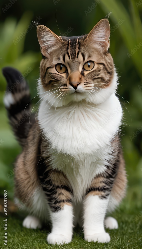 A beautiful tabby American Bobtail cat with striking green eyes sits attentively in a lush garden, surrounded by vibrant greenery, creating a serene and natural setting A beautiful tabby American Bobtail cat with striking green eyes sits attentively in a lush garden, surrounded by vibrant greenery, creating a serene and natural setting