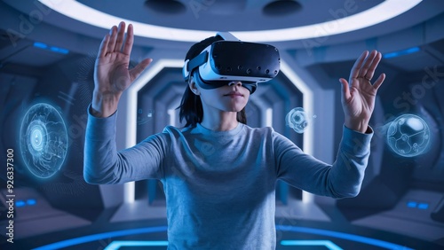 A woman wearing a VR headset and experiencing the AI-powered virtual reality