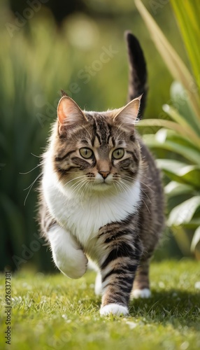 A beautiful tabby American Bobtail cat with striking green eyes sits attentively in a lush garden, surrounded by vibrant greenery, creating a serene and natural setting