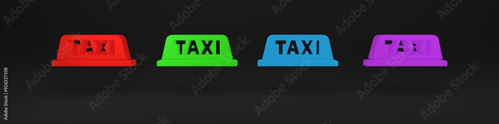Colorful Taxi car roof icon isolated on black background. Minimalism concept. 3D render illustration Colorful Taxi car roof icon isolated on black background. Minimalism concept. 3D render illustration