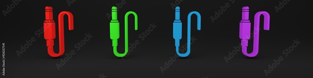 Colorful Audio jack icon isolated on black background. Audio cable for connection sound equipment. Plug wire. Musical instrument. Minimalism concept. 3D render illustration Colorful Audio jack icon isolated on black background. Audio cable for connection sound equipment. Plug wire. Musical instrument. Minimalism concept. 3D render illustration