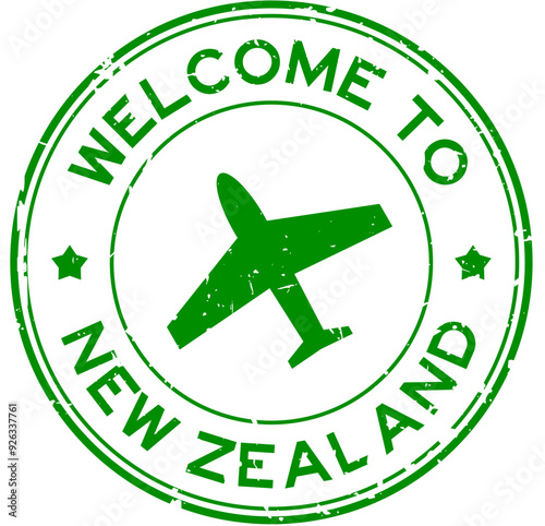 Grunge green welcome to new zealand with airplane icon round rubber seal stamp on white background