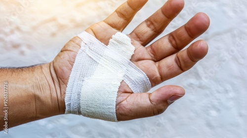 Close-Up of Adult Man's Hand Wrapped in Bandage After Injury, Highlighting Accident Recovery, Insurance Claim, and Health Awareness Concepts in Daily Life