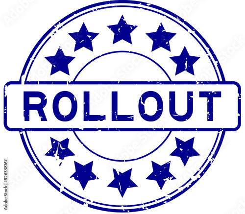 Grunge blue rollout word with star icon round rubber seal stamp on white background