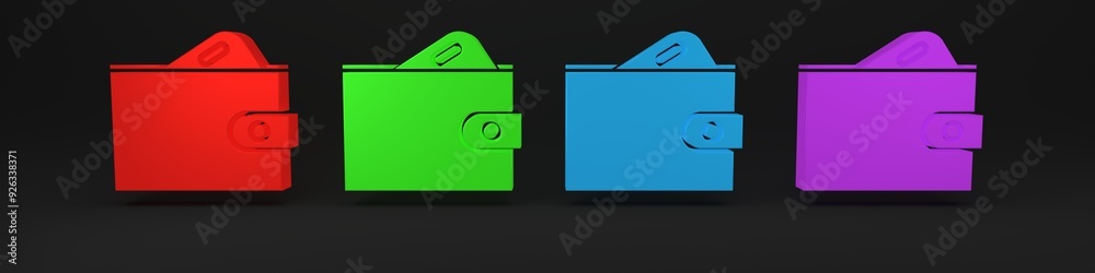 Colorful Wallet with stacks paper money cash icon isolated on black background. Purse icon. Cash savings symbol. Minimalism concept. 3D render illustration Colorful Wallet with stacks paper money cash icon isolated on black background. Purse icon. Cash savings symbol. Minimalism concept. 3D render illustration