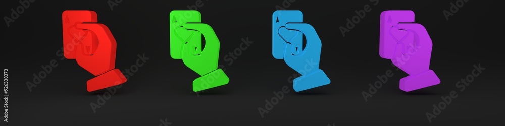 Colorful Hand holding playing cards icon isolated on black background. Casino game design. Minimalism concept. 3D render illustration Colorful Hand holding playing cards icon isolated on black background. Casino game design. Minimalism concept. 3D render illustration