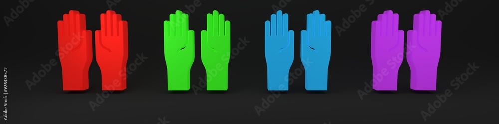 Obraz premium Colorful Rubber gloves icon isolated on black background. Latex hand protection sign. Housework cleaning equipment symbol. Minimalism concept. 3D render illustration
