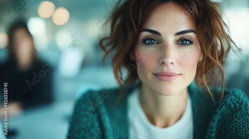 An introspective woman with a gentle smile looks towards the camera, her eyes reflecting a calm and thoughtful demeanor amid a softly lit modern office environment.