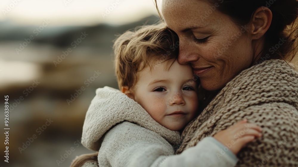 A mother wrapped in a cozy sweater holds her young child close, both displaying serene expressions of love and tenderness in a beautiful natural setting. A mother wrapped in a cozy sweater holds her young child close, both displaying serene expressions of love and tenderness in a beautiful natural setting.