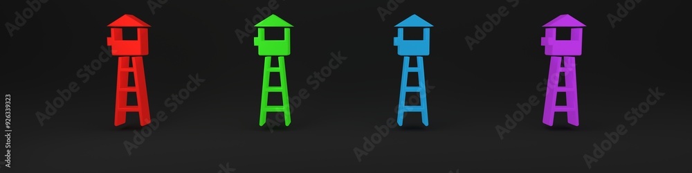 Colorful Watch tower icon isolated on black background. Prison tower, checkpoint, protection territory, state border, military base. Minimalism concept. 3D render illustration Colorful Watch tower icon isolated on black background. Prison tower, checkpoint, protection territory, state border, military base. Minimalism concept. 3D render illustration