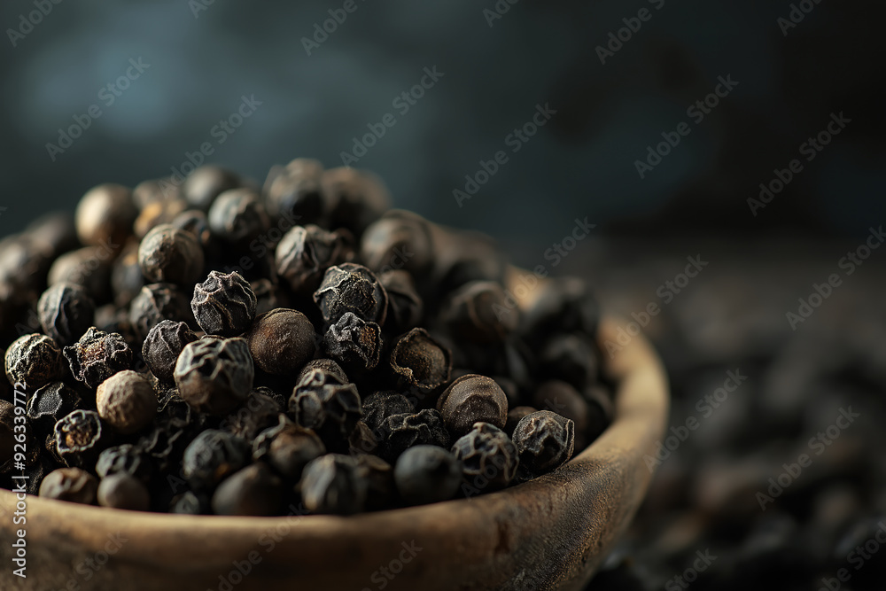 Close-Up of Black Peppercorns in a Wooden Bowl on Dark Background Close-Up of Black Peppercorns in a Wooden Bowl on Dark Background