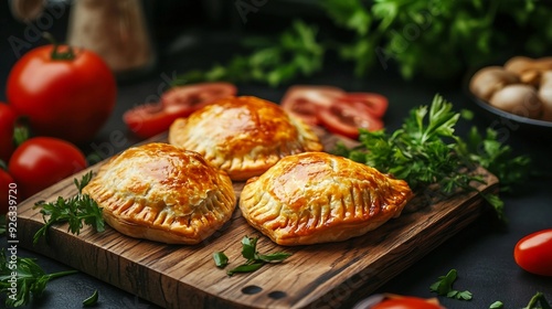 Delightful Fried Meat Pies Belyash with Vegetables Displayed on Wooden Board photo