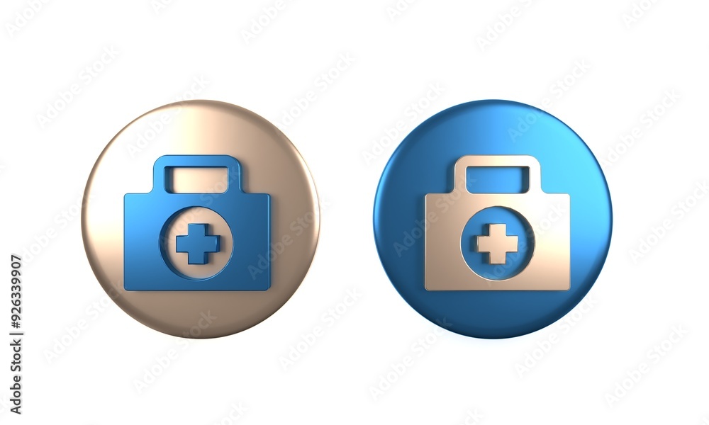 Colorful First aid kit icon isolated on white background. Medical box with cross. Medical equipment for emergency. Healthcare concept. Circle button. 3D render illustration