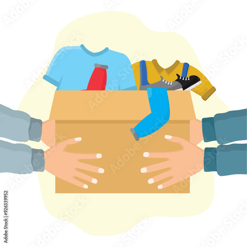 donation concept illustration with boxes containing clothes and shoes, flat style vector illustration.