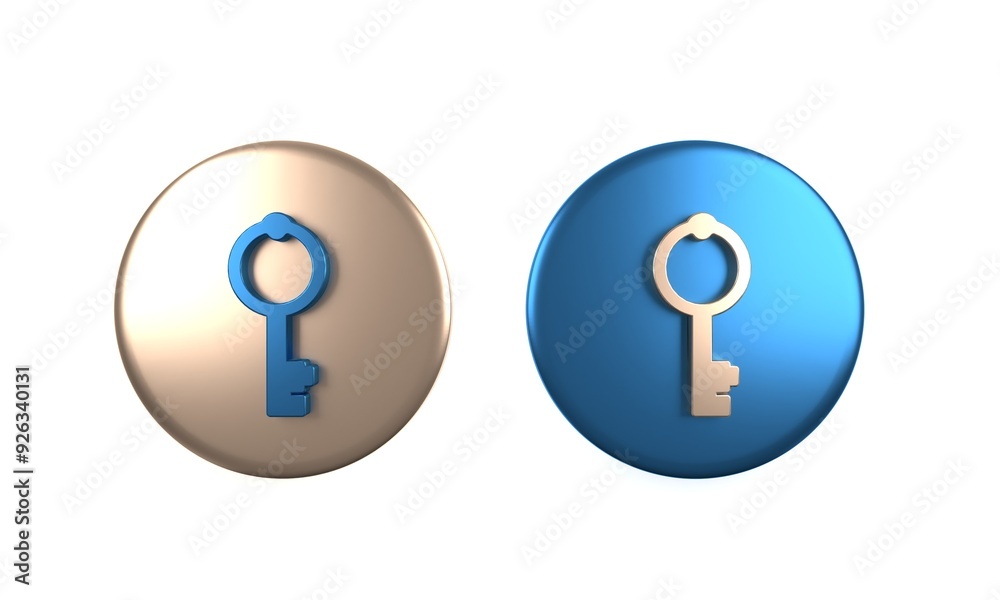 Colorful Old key icon isolated on white background. Circle button. 3D render illustration Colorful Old key icon isolated on white background. Circle button. 3D render illustration
