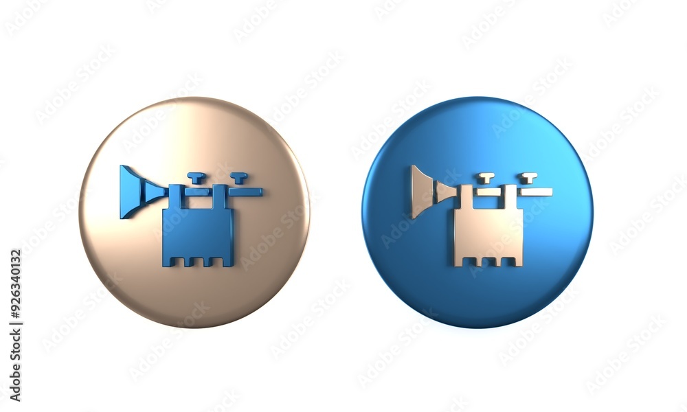 Colorful Trumpet with flag icon isolated on white background. Musical instrument trumpet. Circle button. 3D render illustration Colorful Trumpet with flag icon isolated on white background. Musical instrument trumpet. Circle button. 3D render illustration