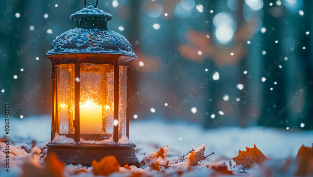 Lantern with glowing candle in snowy forest, falling snowflakes, warm light in winter evening, tranquil atmosphere Lantern with glowing candle in snowy forest, falling snowflakes, warm light in winter evening, tranquil atmosphere