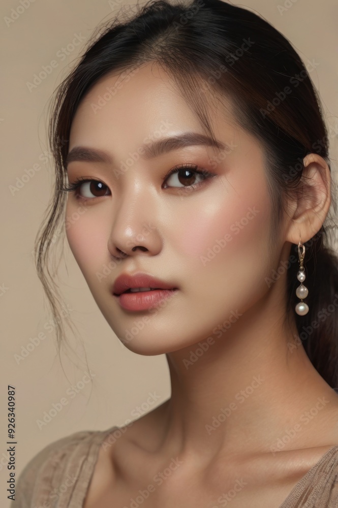 Obraz premium Close-up portrait of beautiful elegant Asian woman with flawless skin and minimal makeup on beige background, highlighting natural beauty and sophisticated facial expression, skincare concept