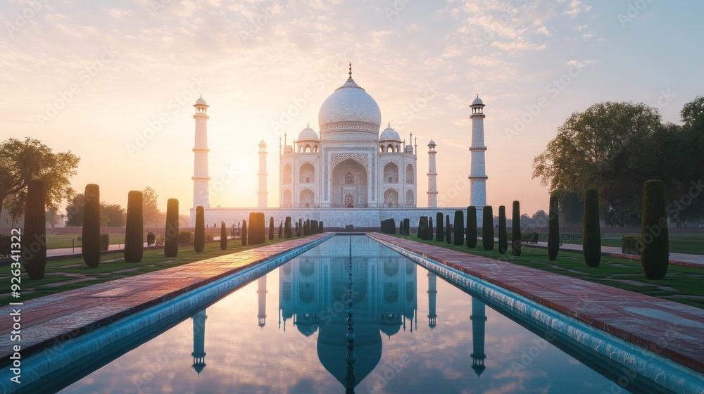 Fototapeta premium The Taj Mahal at Sunrise with a Reflective Pool