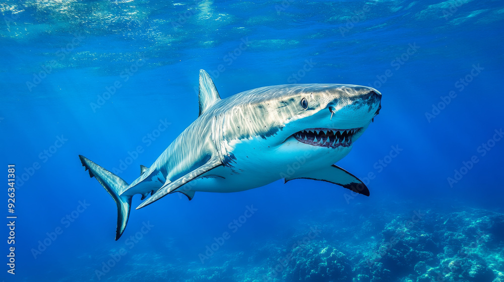 Naklejka premium A fearsome shark glides through the ocean depths, its menacing toothy mouth agape, revealing rows of sharp teeth. --ar 16:9 --v 6.1 Job ID: e228822f-c9f9-479c-a591-e3cfa1b2da02