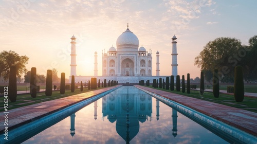 The Taj Mahal at Sunrise with a Reflective Pool