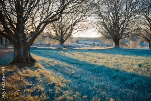 Snowy path winds through a frozen forest with bare trees casting long shadows on the icy ground, a clear blue sky above