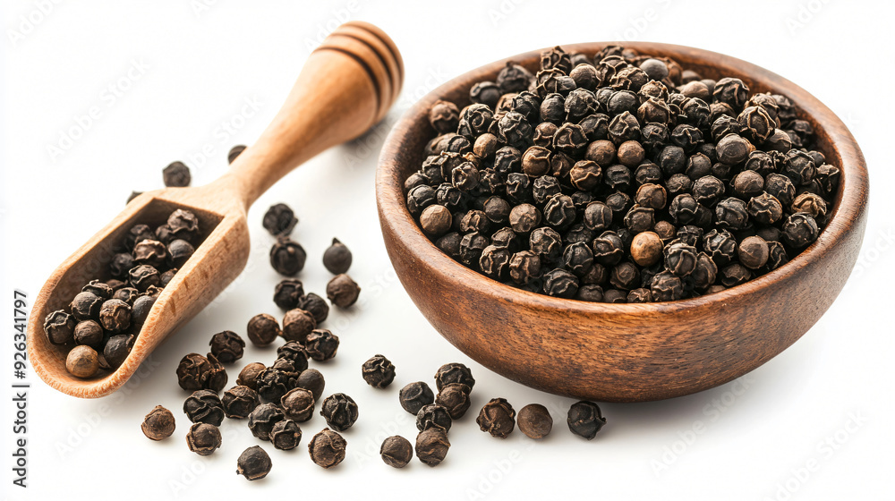 Black Peppercorns in Bowl and Scoop for Aromatic Spice Black Peppercorns in Bowl and Scoop for Aromatic Spice