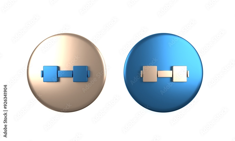 Obraz premium Colorful Dumbbell icon isolated on white background. Muscle lifting icon, fitness barbell, gym, sports equipment, exercise bumbbell. Circle button. 3D render illustration
