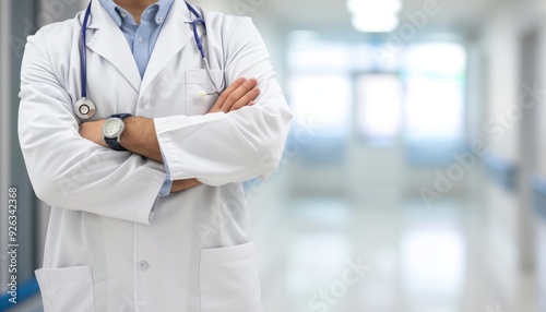 Confident Doctor Standing with Stethoscope in Hospital Corridor, Exemplifying Professional Healthcare and Medical Expertise