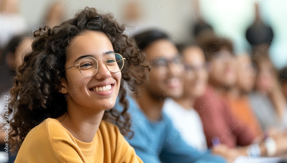 Smiling young woman in glasses in a crowd of people, audience, student, education, lecture, workshop Smiling young woman in glasses in a crowd of people, audience, student, education, lecture, workshop