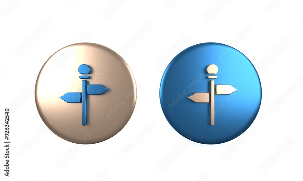 Colorful Road traffic sign. Signpost icon isolated on white background. Pointer symbol. Street information sign. Direction sign. Circle button. 3D render illustration Colorful Road traffic sign. Signpost icon isolated on white background. Pointer symbol. Street information sign. Direction sign. Circle button. 3D render illustration