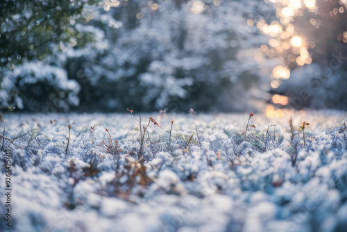 Snow-covered grass field with frozen branches under a clear blue sky