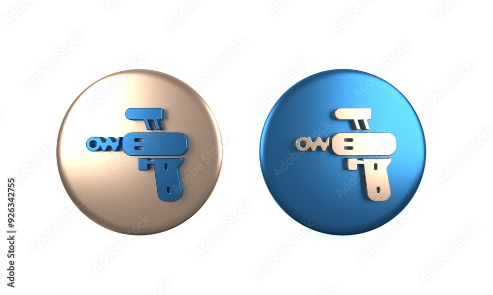 Colorful Ray gun icon isolated on white background. Laser weapon. Space blaster. Circle button. 3D render illustration Colorful Ray gun icon isolated on white background. Laser weapon. Space blaster. Circle button. 3D render illustration