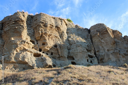 Caves in the Risco de las Cuevas, Perales de Tajuña, Spain, ancient dwellings and storage spaces from the Roman and Medieval periods carved into the earth